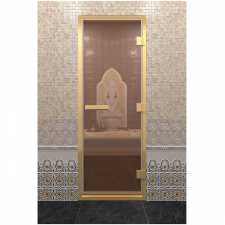 Стеклянная дверь для хамама в золотом профиле, бронза 190х80 (по коробке) (DoorWood)
