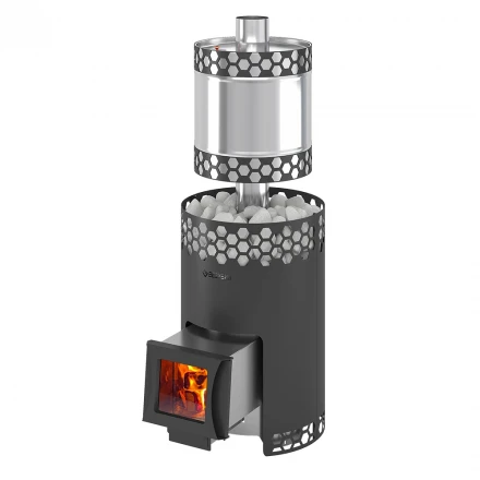 Печь для бани вертикальная Чёрная Пчёлка 20 INOX, с баком 50 л, стекло (Везувий) до 20м3