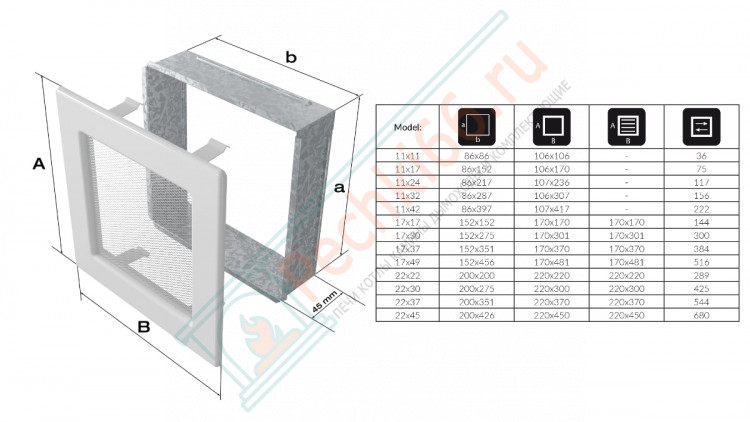 Решётка вентиляционная каминная белая 170х170 17B (Kratki)
