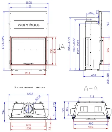 Каминная топка прямая FLAT 100/80h, 3D панели черные (Warmhaus) 12 кВт