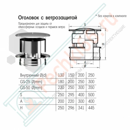 Оголовок с ветрозащитой (AISI-316L/0,5-AISI-304/0,5) d-150/200 (Craft-GS-25)
