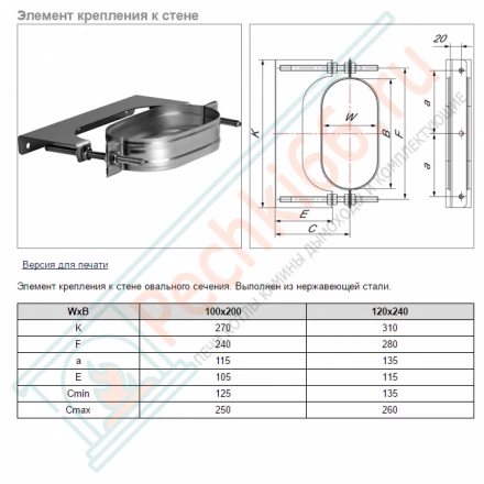 Элемент крепления к стене VOG (AISI-321/0,5) 120х240мм (Вулкан)