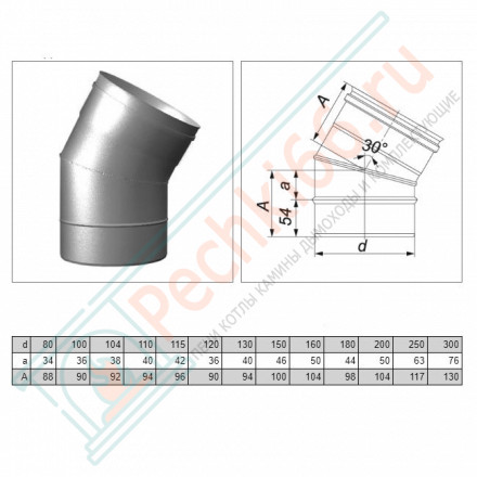 Отвод одностенный 30° (AISI-304/0,5мм) d-120 (Вулкан)